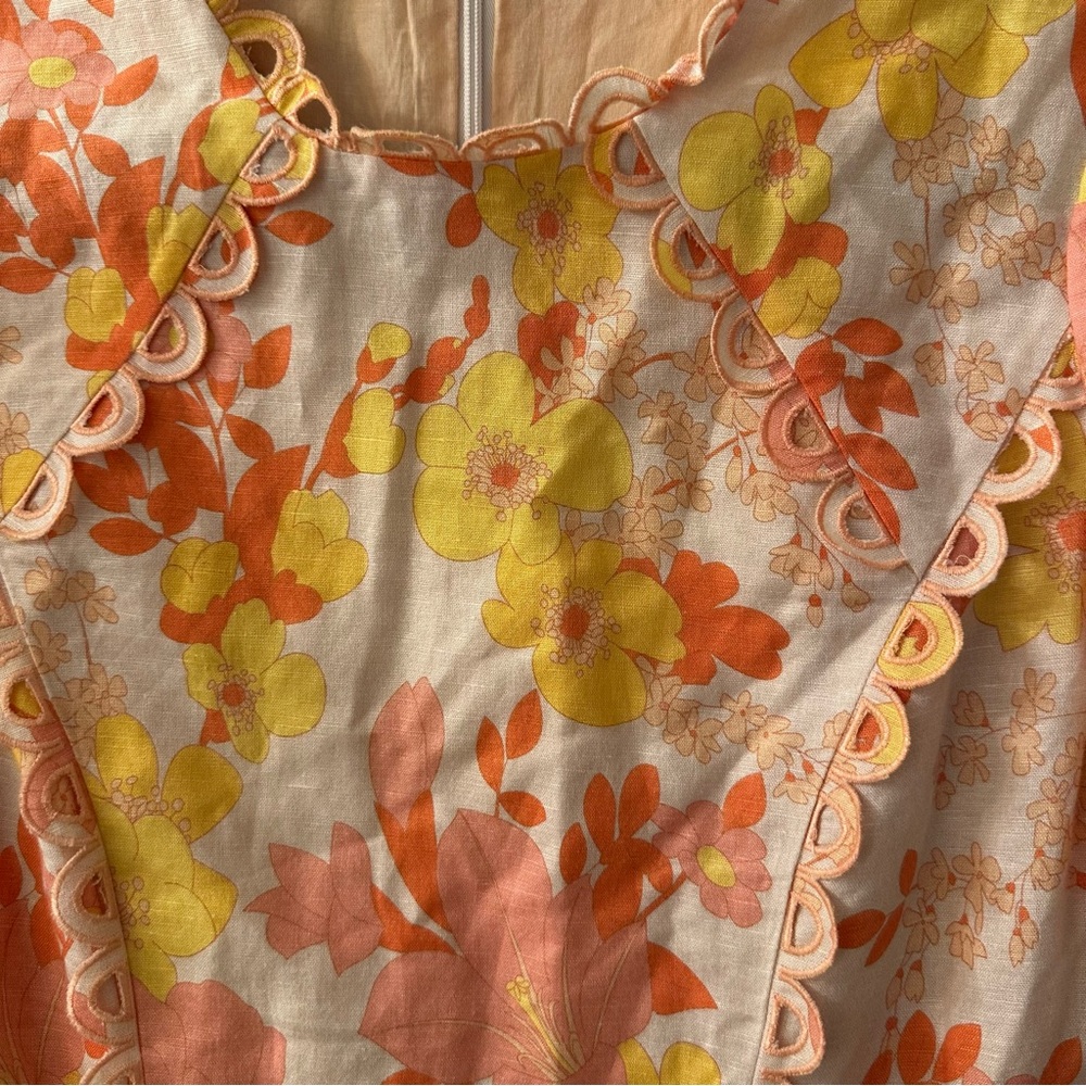 Light Beige Printed Linen & Cotton Scallop Detail Mini Dress size S - Picture 5 of 8